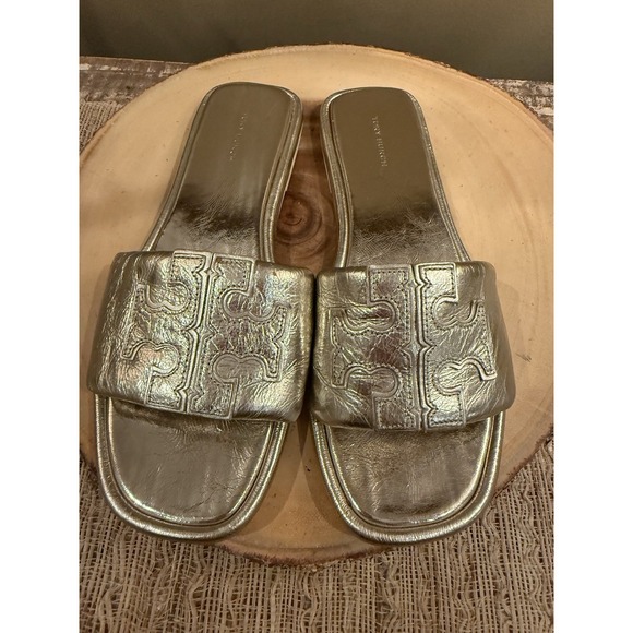 Tory Burch Double T Sport Slide Leather Sandals Gold Spark Sz-9.5 298$ - Picture 3 of 14